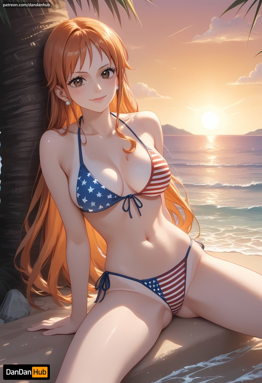 ai_generated american_flag_bikini beach bikini breasts brown_eyes cleavage closed_mouth collarbone dandanhub earrings female flag_print front-tie_bikini_top front-tie_top jewelry large_breasts long_hair looking_at_viewer nami nami_(one_piece) navel ocean one_piece orange_hair outdoors palm_tree side-tie_bikini_bottom sitting sky smile solo sunset swimsuit tree