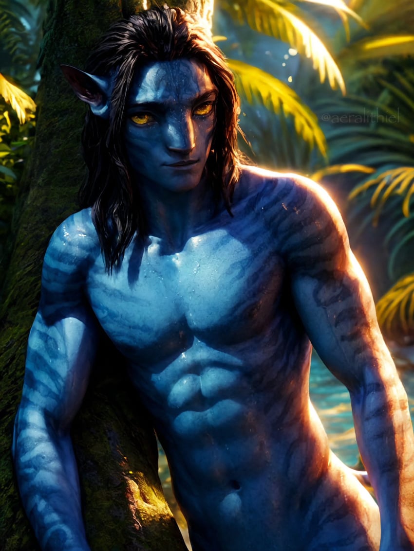 aeralithiel ai_generated alien alien/human alien_humanoid avatar avatar:_the_way_of_water blue_skin color colored fanart fanart_from_twitter long_hair male male_only na'vi uncensored underwear western_art