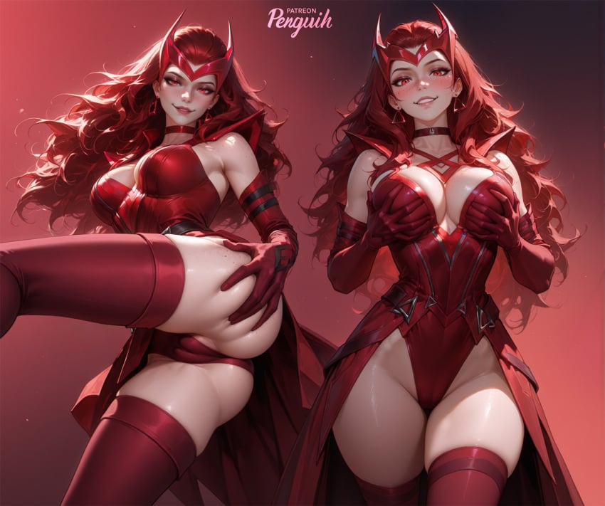 1girls ai_generated ass ass_grab breast_grab cameltoe cleavage female_only grabbing_ass grabbing_breasts leotard marvel marvel_rivals multiple_views mutant_(marvel) patreon_username penguih red_clothing red_eyes red_hair scarlet_witch scarlet_witch_(marvel_rivals) simple_background stockings turnaround wanda_maximoff zettai_ryouiki