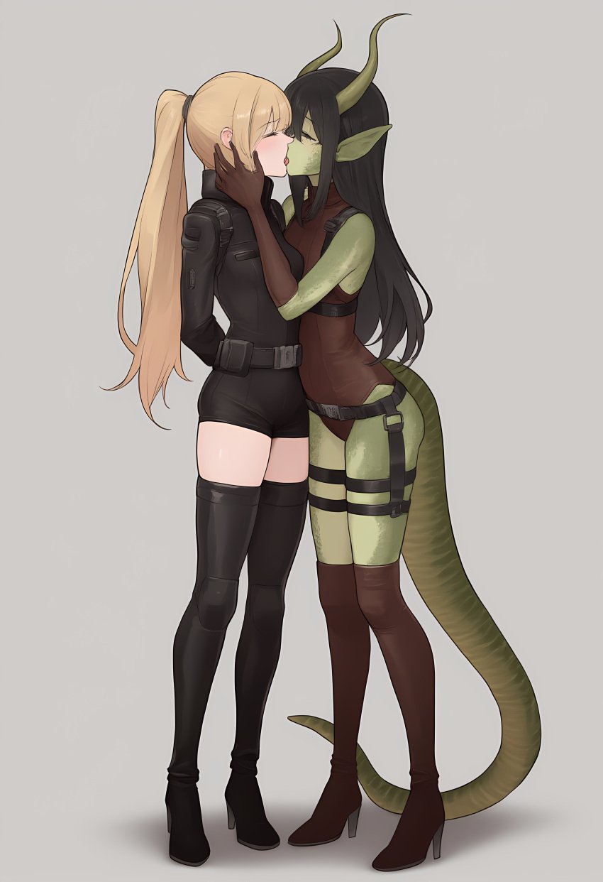 2girls ai_generated alien alien_girl belt blonde_hair french_kiss gloves high_heels holding_another's_head holding_cheek horns kissing leotard lizard_girl novelai pointy_ears ponytail reptile science_fiction short_shorts shorts tail thigh_boots thigh_strap yuri