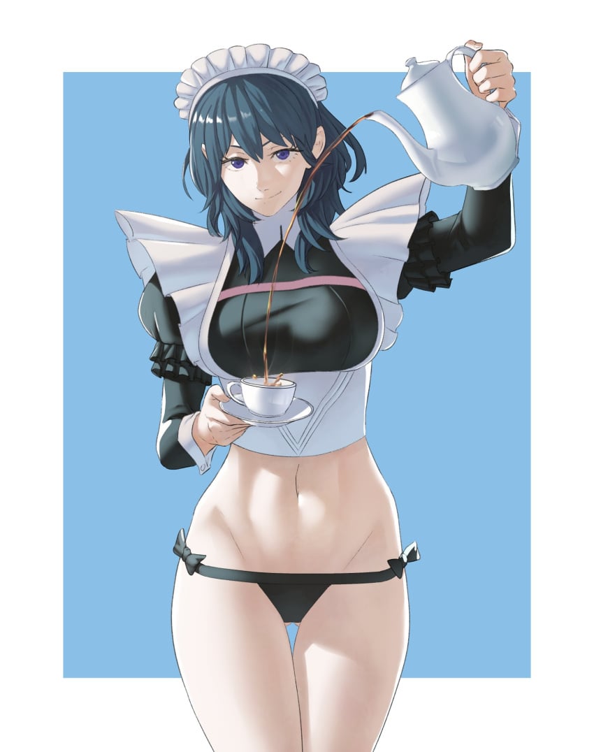 1girls alternate_costume alternate_version_available ass_visible_through_thighs belly black_panties black_thighhighs blue_background blue_eyes blue_hair breasts byleth_(female)_(fire_emblem) byleth_(fire_emblem) byleth_(fire_emblem)_(female) covered_pussy cup fire_emblem fire_emblem:_three_houses highres kettle long_sleeves looking_at_viewer maid maid_headdress maid_outfit medium_breasts medium_hair navel nintendo panties pomelomelon smile solo standing stomach tea teacup teal_hair teapot thigh_gap thighs underwear wrist_cuffs