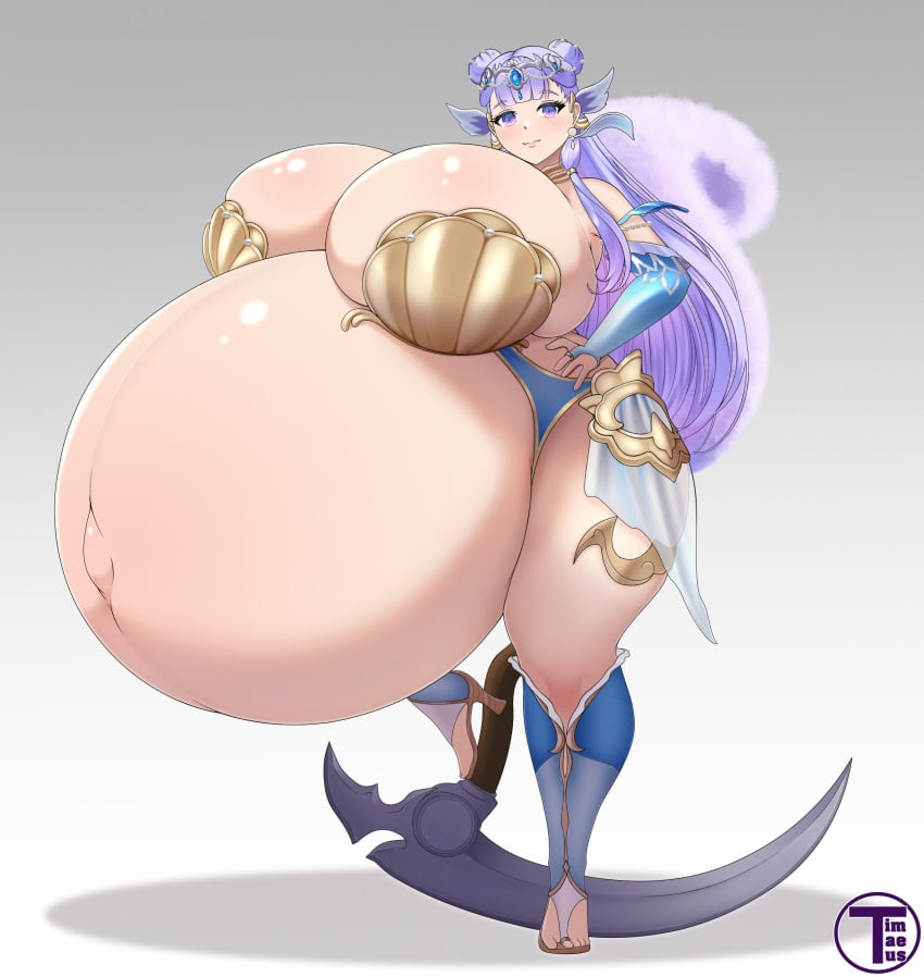 1girls alternate_breast_size artist_name bangs belly belly_bigger_than_head bloated_belly blush breasts breasts_bigger_than_head female female_focus gigantic_belly gigantic_breasts hand_on_hip hyper hyper_belly hyper_pregnancy long_hair looking_at_viewer palamena_(visions_of_mana) pregnant pregnant_female purple_eyes purple_hair ready_to_pop round_belly scythe seiken_densetsu skindentation standing standing_on_one_leg thick_thighs thighs timaeus visions_of_mana wide_hips