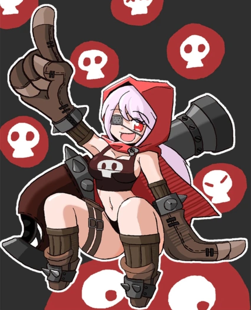 big_gloves boots breasts cape cherry_cookie cookie_run cookie_run_kingdom eye_patch half-dressed hoodie humanoid light_pink_hair red_hoodie unknown_artist