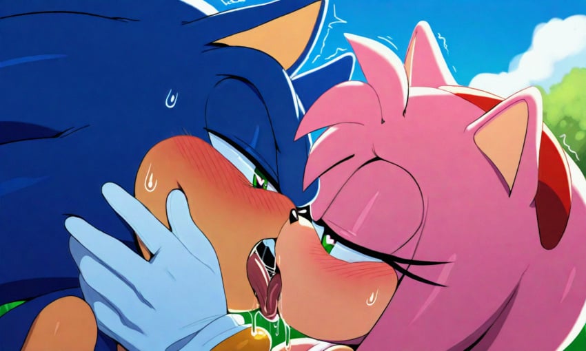 1boy ai_generated amy_rose anthro anthro_on_anthro blue_fur blush duo eyelashes female french_kiss from_side gloves green_eyes heart-shaped_pupils kissing looking_at_another pink_fur romantic saliva saliva_drip sonic_(series) sonic_the_hedgehog sonic_the_hedgehog_(series) sweat sweatdrop sweating sweaty tongue tongue_kiss tongue_out tosca trembling