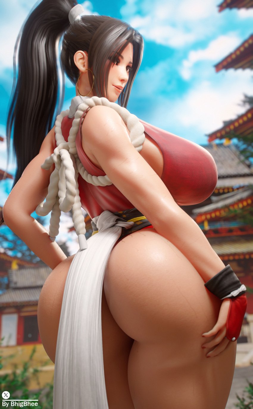 1girls 3d asian ass ass_focus bhigbhee big_ass big_breasts breasts brown_eyes brown_hair clothed clothing curvy earrings fatal_fury female female_only gloves gold_(metal) hair_ribbon hi_res highres hips hoop_earrings king_of_fighters large_ass large_breasts long_hair mai_shiranui outdoors ponytail revealing_clothes rope self_upload solo street_fighter sweat thick_thighs voluptuous watermark