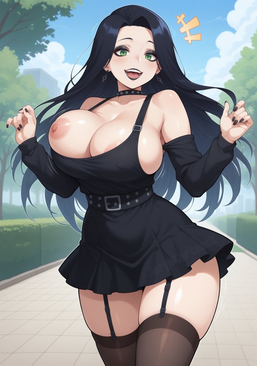 1girls accidental_exposure ai_generated areola areola_slip areolae areolae_slip belt black_clothes black_clothing black_dress black_hair black_lipstick black_makeup black_nail_polish black_nails boob_out breast_out breasts breasts breasts busty busty_female dress excited excited_expression excited_face excited_female female female female_focus female_only garter garter_belt garter_straps girl goth goth_girl gothic gothic_girl green_eyes happy happy_female huge_boobs huge_breasts huge_breasts jorgecarlosai lipstick long_hair makeup motion_lines nail_polish nipple_slip nipples one_breast_out outdoors park public public_exposure public_indecency public_nudity smile teeth thick thick_legs thick_thighs thigh_highs thighhighs thighs tit_out tits_out watermark