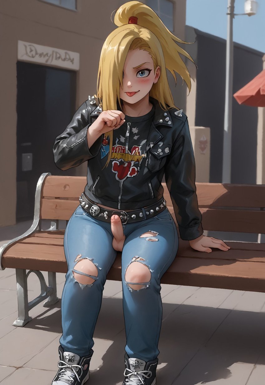 1boy ai_generated bench big_butt blonde_hair blue_eyes blush cute deidara femboy femboy_focus fishnets goth jeans leather leather_jacket male male_only naruto naruto_(series) penis pierced_nipples pleasure_face punk ripped_clothing sissy sitting small_penis smaller_male smile solo solo_focus thighs_waist