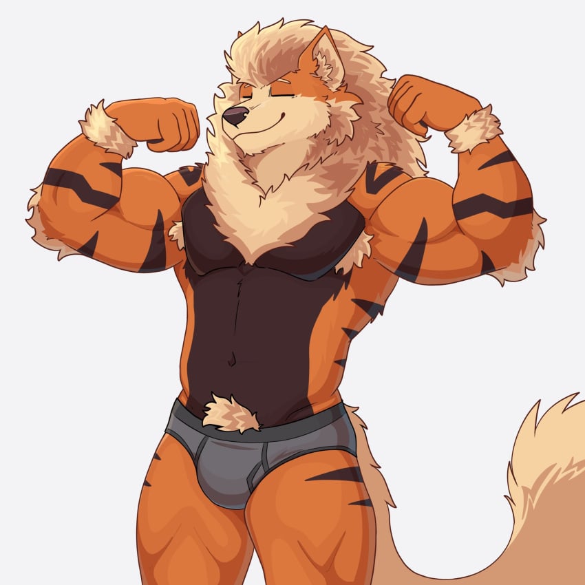 bezzeroo bulge bulge_through_clothing eyes_closed flexing flexing_arms fur furry gay hi_res male male_only mane muscular muscular_male pecs pokemon proud pubic_hair solo tail tuft tufted_fur underwear underwear_only