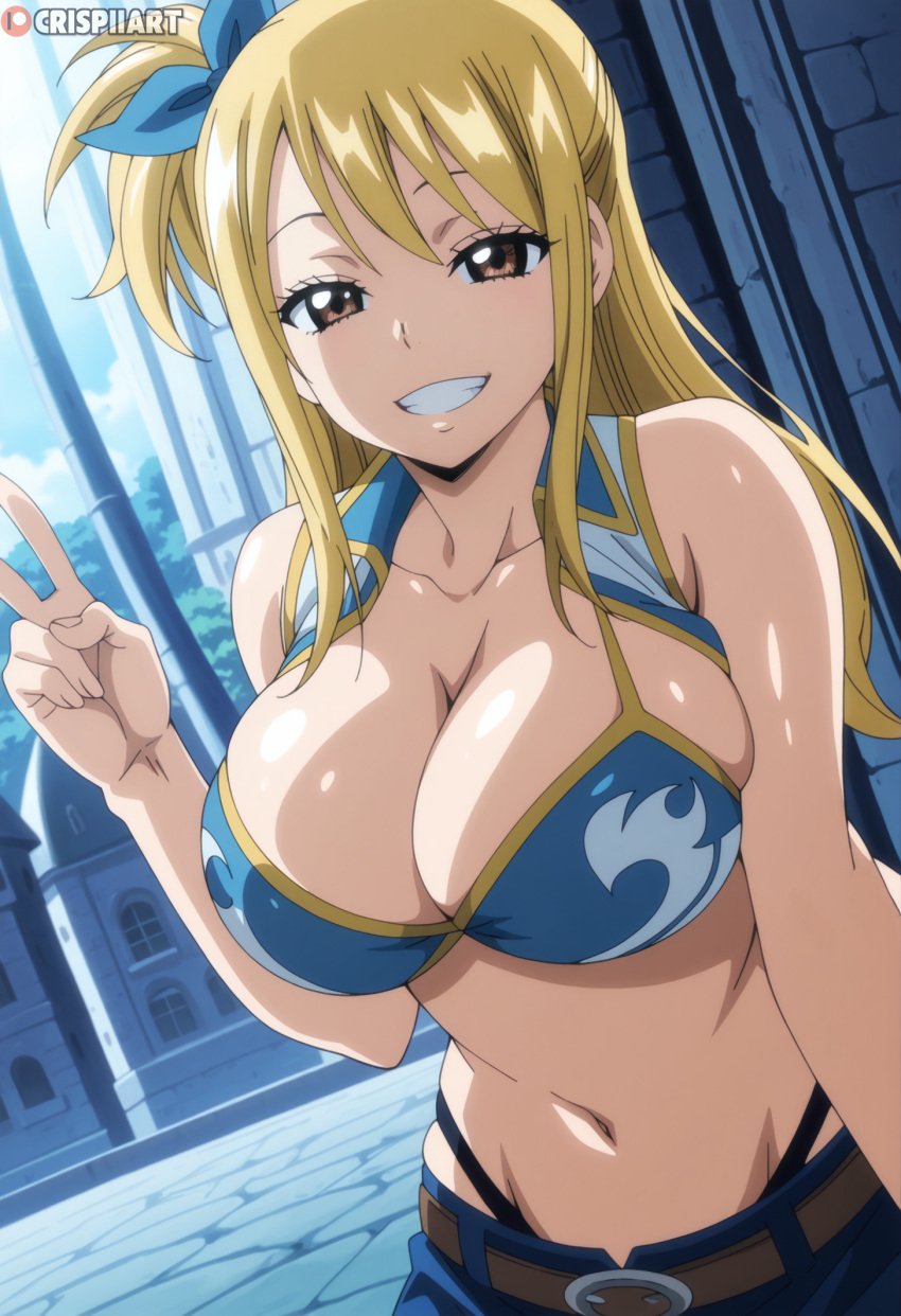 absurd_res ai_generated belt blonde_hair breasts brown_eyes cleavage crispiiart fairy_tail female grin large_breasts lucy_heartfilia miniskirt outdoors side_ponytail sidelocks smile solo solo_female solo_focus upscaled v-sign