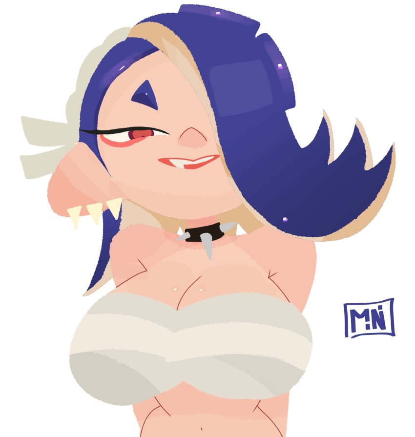 artist_name bare_shoulders blue_hair breasts chest_sarashi cleavage clothing collar earrings eyeliner eyeshadow fangs female hachimaki hair_over_one_eye half-closed_eyes happy headband jaggy_lines jewelry large_breasts long_hair looking_at_viewer makeup midriff mini_woomy multiple_earrings navel oerba_yun_fang one_eye_covered open_mouth red_eyeliner red_eyes red_lips sarashi shiny shiver_(splatoon) signature simple_background smile solo spiked_collar spikes splatoon splatoon_3 stomach teeth tentacle_hair upper_body white_background