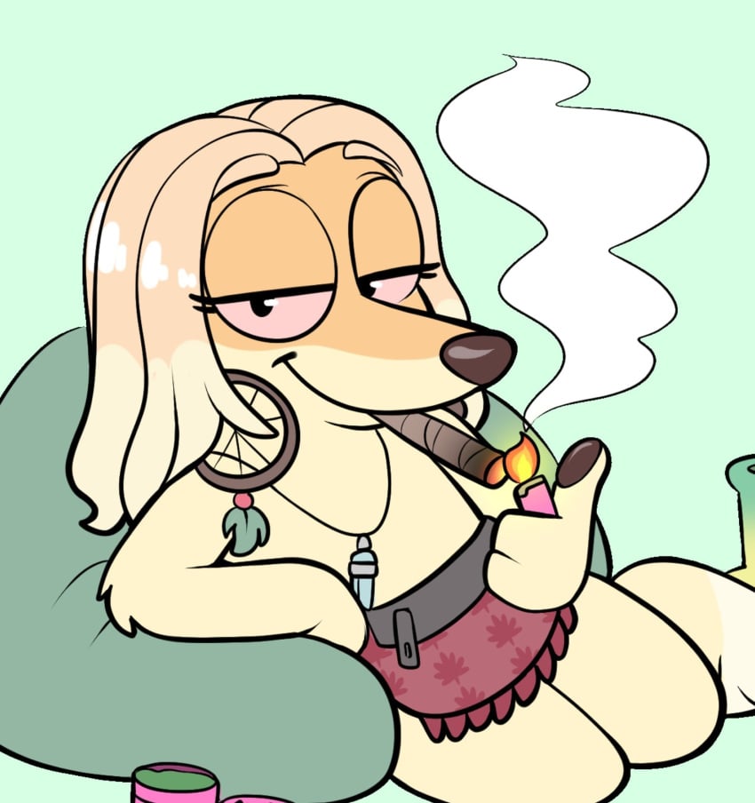 1girls 420 canid canine clothed clothed_female earrings golden_hair green_background indy's_mum_(bluey) la_tiapat lighter pink_lighter red_eyes red_eyes_female smoking_weed solo_female weed