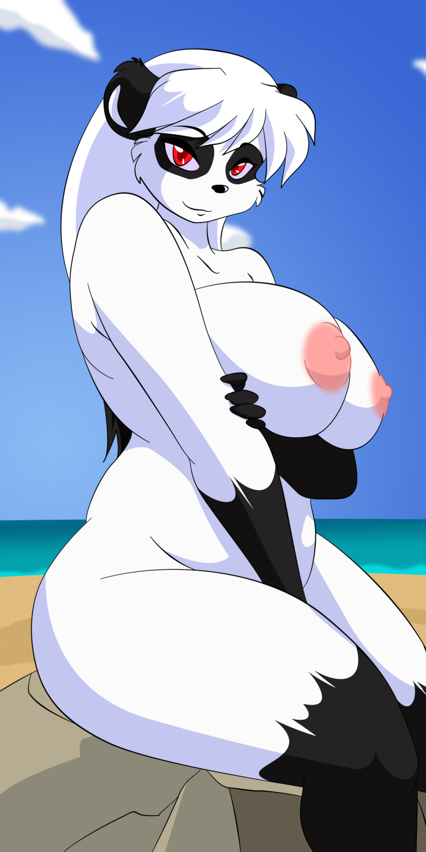 anthro areola big_breasts black_fur black_hair breasts cainesart chubby cloud cocoa_(las_lindas) color day edit female fur hair hi_res huge_breasts las_lindas long_hair nipples nude open_eyes outdoors overweight panda red_eyes sea seaside sitting sky water white_fur white_hair