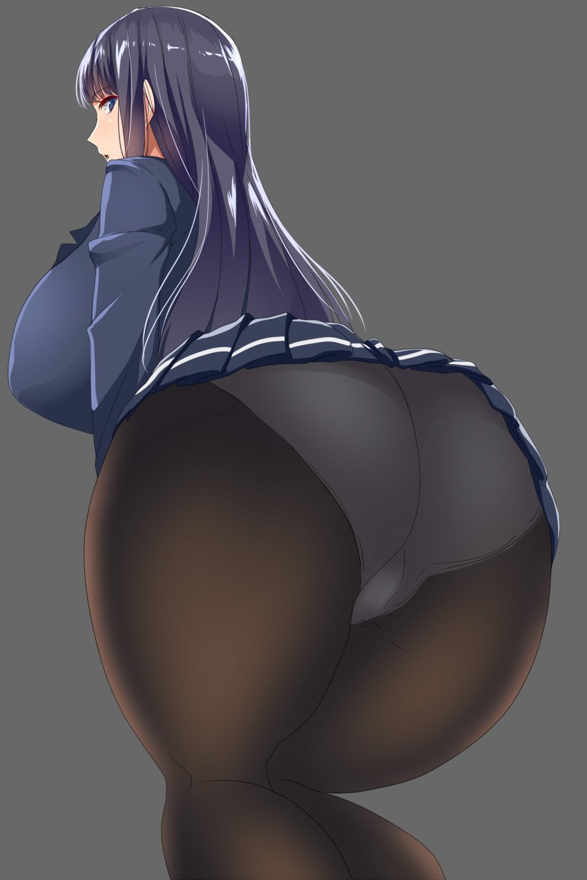 ass black_hair blue_eyes blue_hair breasts character_request curvy female female_focus from_behind gigantic_breasts grey_background highres huge_ass huge_breasts kloah leaning_forward long_hair looking_at_viewer looking_back matching_hair/eyes original panties panties_under_pantyhose pantyhose parted_lips school_uniform serafuku simple_background skirt solo source_request thick_thighs thighs underwear white_panties wide_hips