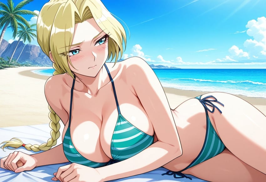 ai_generated beach bikini blonde_female blonde_hair castlevania castlevania_legends embarrassed large_breasts looking_away lying milf sonia_belmont