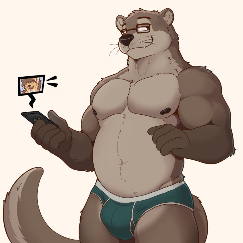 5_fingers areola belly_button bezzeroo bulge bulge_through_clothing furry gay glasses male male_only muscular muscular_male nipples otter phone smirk solo tail texting tuft underwear