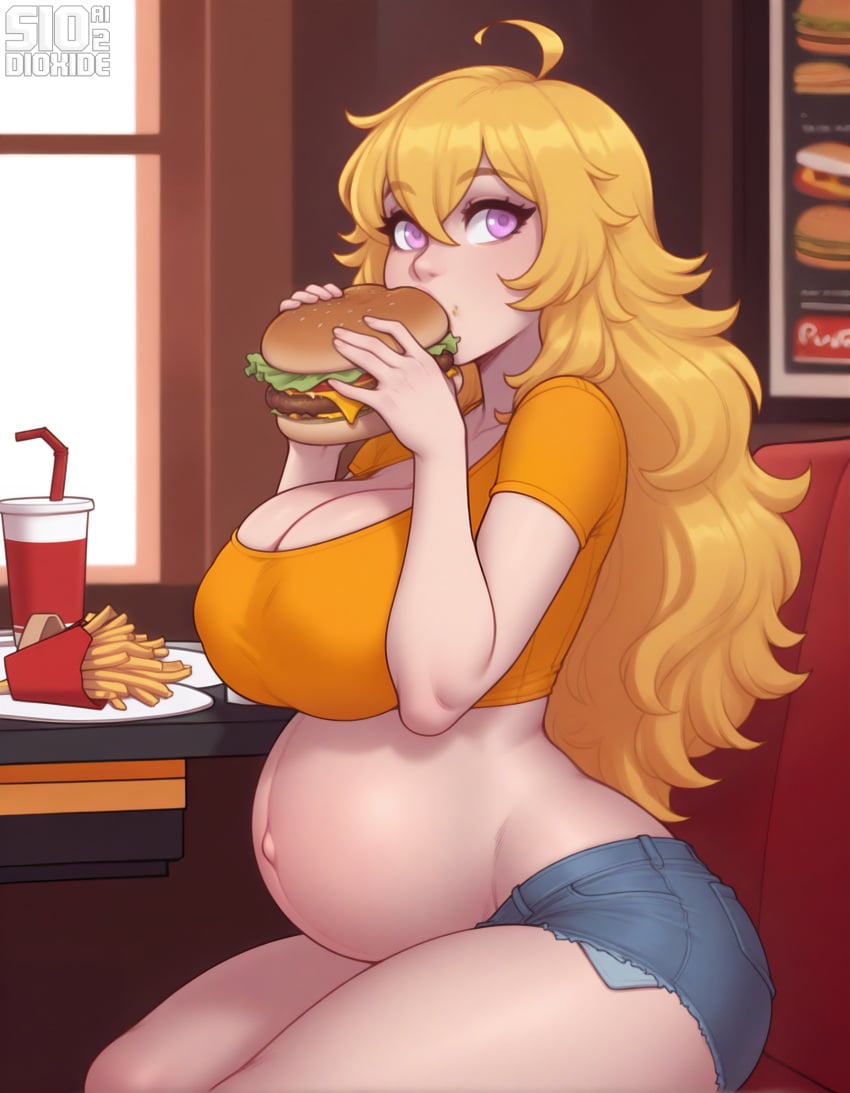 1girls ahoge ai_generated artist_name bangs belly big_belly blonde_hair blue_shorts breasts burger cleavage collarbone crop_top cup cutoffs denim denim_shorts dioxide disposable_cup drinking_straw eating food food_on_face french_fries from_side hair_between_eyes holding holding_food indoors large_breasts long_hair looking_at_viewer looking_to_the_side midriff navel pregnant purple_eyes rwby shirt short_shorts short_sleeves shorts sitting solo stomach table thick_thighs thighs watermark wavy_hair yang_xiao_long yellow_shirt