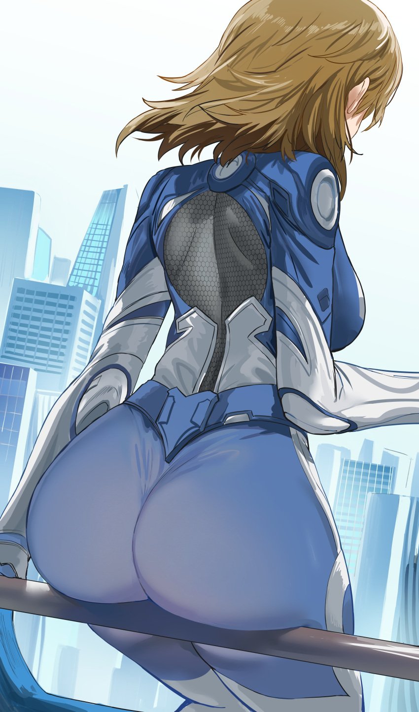 1girls absurdres against_railing ass ass_focus blonde_hair blue_bodysuit blue_clothing bodysuit breasts cityscape clohted_ass day fantastic_four female from_behind heroine hews_hack hexagon_print highres invisible_woman invisible_woman_(marvel_rivals) large_breasts marvel marvel_rivals on_railing railing rear_view sitting solo sue_storm superhero_costume superheroine tight_clothes tight_clothing two-tone_bodysuit white_bodysuit