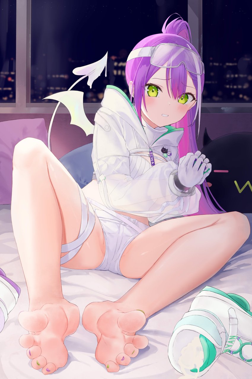 1boy absurdres barefoot bed_sheet bibi_(tokoyami_towa) blush bound bound_wrists breasts city colored_inner_hair commentary cum cum_on_clothes cumdrip demon_tail demon_wings eyelashes feet female foot_focus full_body gloves goggles goggles_on_head green_eyes hair_between_eyes highres holoforce hololive hololive_japan hood hood_down indoors knee_up kou_futoshi leaning_back leaning_to_the_side legs long_sleeves looking_at_viewer micro_shorts multicolored_hair nail_polish night official_alternate_costume own_hands_together paid_reward_available parted_bangs partially_visible_vulva pink_hair ponytail puffy_long_sleeves puffy_sleeves purple_hair ribbon see-through see-through_sleeves shiny_skin shoes shoes_removed shorts sidelocks small_breasts sneakers soles sports_bra spread_toes streaked_hair suggestive_fluid symbol-only_commentary tail thighs toenail_polish toenails toes tokoyami_towa tokoyami_towa_(5th_costume) virtual_youtuber white_footwear white_gloves white_hair white_ribbon white_sports_bra white_tail white_wings wings worried