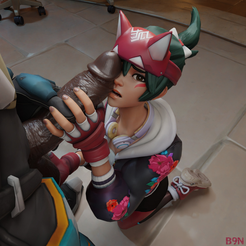 1boy1girl 3d b9n baptiste black_penis blizzard_entertainment blowjob cock_on_face cock_shock dark-skinned_male dark_skin dick grabbing_balls huge_cock huge_penis interracial kiriko_(overwatch) kiriko_kamori overwatch overwatch_2 penis_on_face submissive submissive_female tease teasing