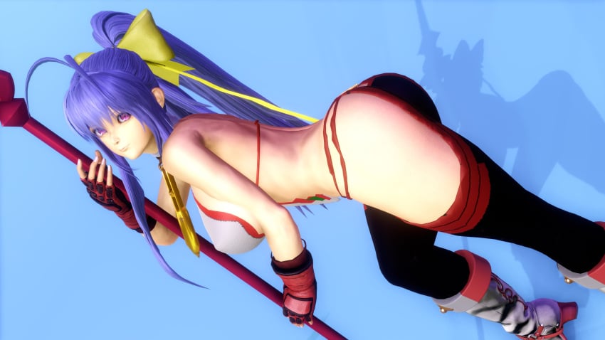 1girls 3d 3d_(artwork) artist_request ass big_ass big_breasts blazblue blazblue_remix_heart busty fat_ass female female_only hair_ribbon large_breasts legs long_hair mai_natsume pants ponytail purple_hair red_eyes sideboob smile solo spear thighs