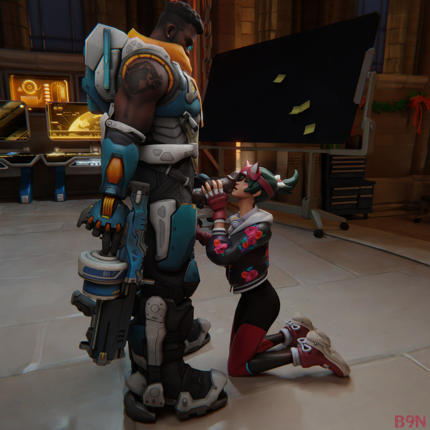 3d b9n baptiste blizzard_entertainment blowjob cock_on_face dark-skinned_male dark_skin interracial kiriko_(overwatch) kiriko_kamori overwatch overwatch_2