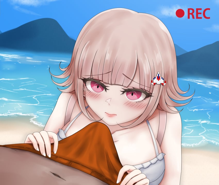 1boy backpack bag beach blush breasts brown_hair bulge closed_mouth collarbone danganronpa danganronpa_2:_goodbye_despair day female flipped_hair galaga gon_(congchuabuoito) hair_ornament highres large_breasts looking_at_viewer male_swimwear medium_hair nanami_chiaki navel orange_male_swimwear outdoors pink_eyes recording revision straight_hair upper_body water