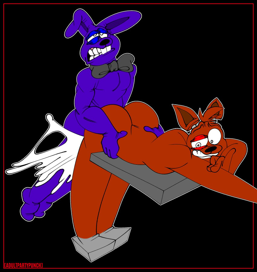 adultpartypunch anal anal_sex bear bonnie_(fnaf) continue_after_cum cum cum_drip cum_overflow cum_overflowing cum_waterfall five_nights_at_freddy's fnaf fox foxy_(fnaf) male/male male_only rabbit rape sfm_king tagme teeth_clenched toony