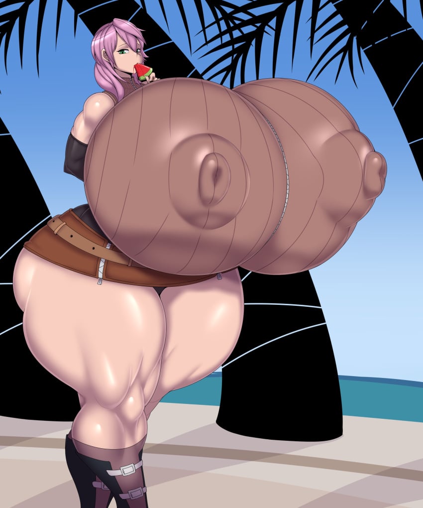 1girl 1girls 2023 absurd_res beach ber00 big_breasts bimbo breasts clothed eclair_farron erect_nipples erect_nipples_under_clothes female female_only final_fantasy final_fantasy_xiii gigantic_breasts green_eyes highres huge_breasts human hyper hyper_breasts large_breasts looking_at_viewer massive_breasts palm_tree pink_hair popsicle solo square_enix thick_thighs watermelon_popsicle wide_hips zipper