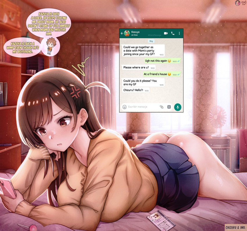 1girls anger_vein angry annoyed artist_name artist_signature ass bed bedroom blush breast_grab breasts brown_hair cheating cheating_girlfriend dawa_pat dawapat english_text female kanojo_okarishimasu kinoshita_kazuya lying mizuhara_chizuru netorare phone solo texting whatsapp