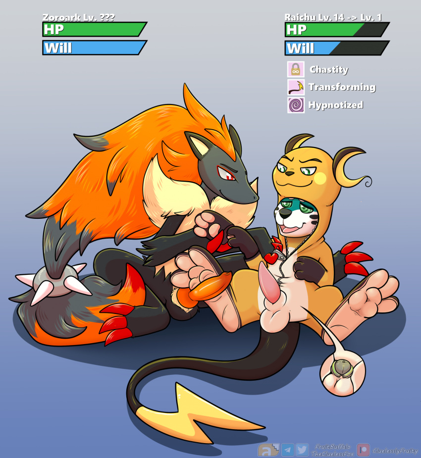 3_fingers 3_toes anthro bound buizel chastity_device clawed_fingers claws clothing dominant dominant_male drone encasement feet feral fingers foot_fetish foot_play footjob forced forced_transformation gay generation_1_pokemon generation_4_pokemon generation_5_pokemon genitals group hi_res hypnosis level_drain living_clothing long_tail looking_pleasured male male/male mind_control mokata_(buizel) nintendo pawpads paws penis permanent_chastity_device pokemon pokemon_(species) raichu sex soles species_transformation submissive submissive_male suit tail takeover thecluelessfox_(artist) toe_claws toes transformation trio xray_view zipper zoroark