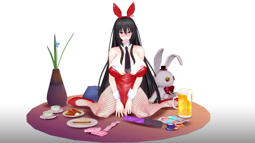 black_eyes black_hair breasts breasts bunnysuit busou_shoujo_machiavellism condom huge_breasts kirukiru_amou