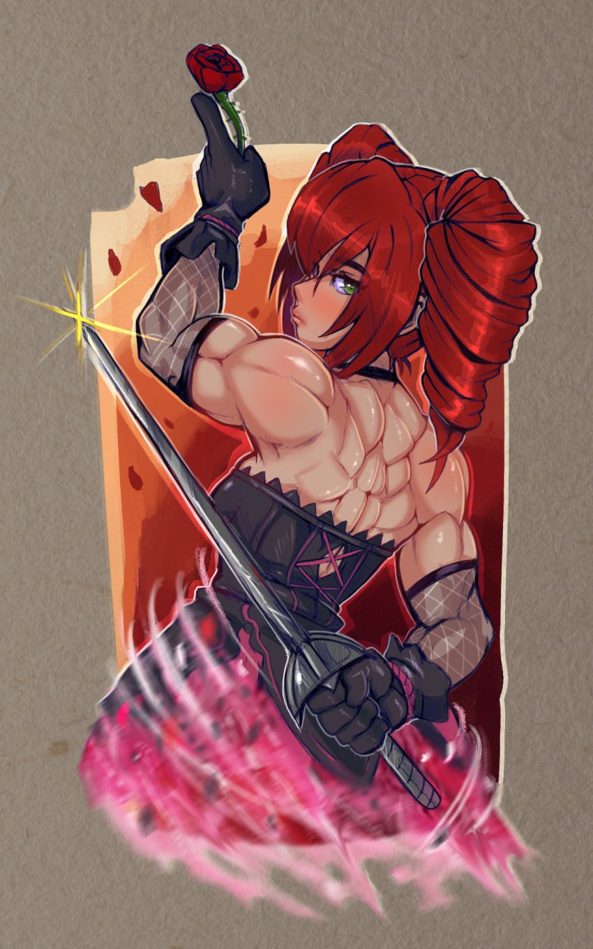 amy_sorel armwear buff female female_only ginger_hair gloves green_eyes muscles muscular muscular_back muscular_female namco namco_bandai posing red_hair reliusmax rose rose_(flower) rose_petals solo solo_focus soul_calibur strong_woman twintails