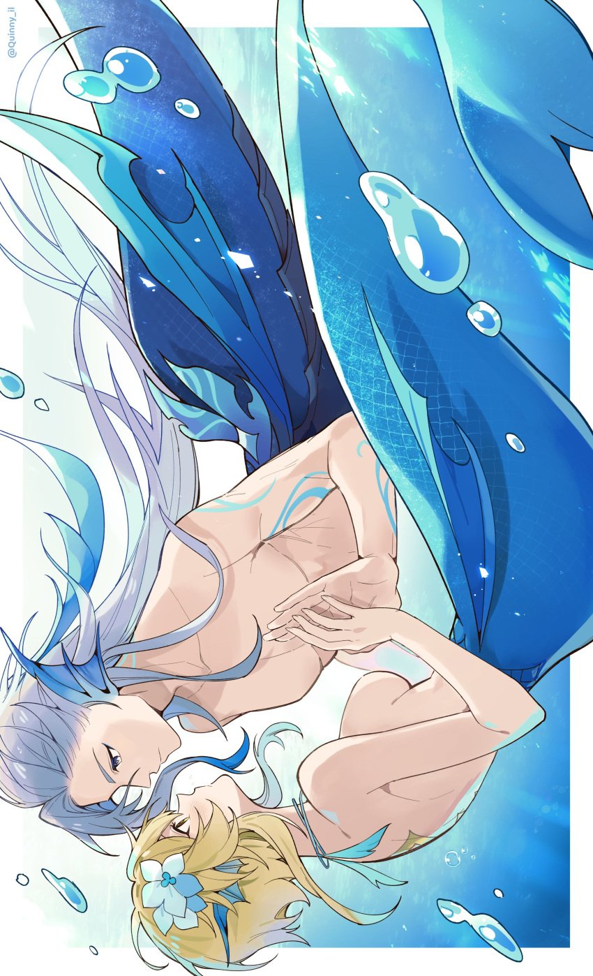 1boy 1girls blonde_female blonde_hair face-to-face female flower_in_hair genshin_impact holding_hands long_hair_male lumine_(genshin_impact) male male/female mermaid mermaid_girl mermaid_tail merman neuvillette_(genshin_impact) quinny_il romantic shirtless sideboob tail topless topless_female underwater water