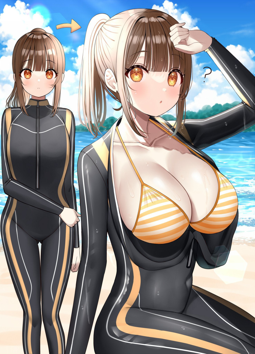 1girls ? beach bikini blush bodysuit breasts_out brown_eyes brown_hair collarbone diver female female_only front_zipper hand_on_head jpg large_breasts long_hair mizukoshi_(marumi) multiple_views ponytail water wet wetsuit zipper zipper_down