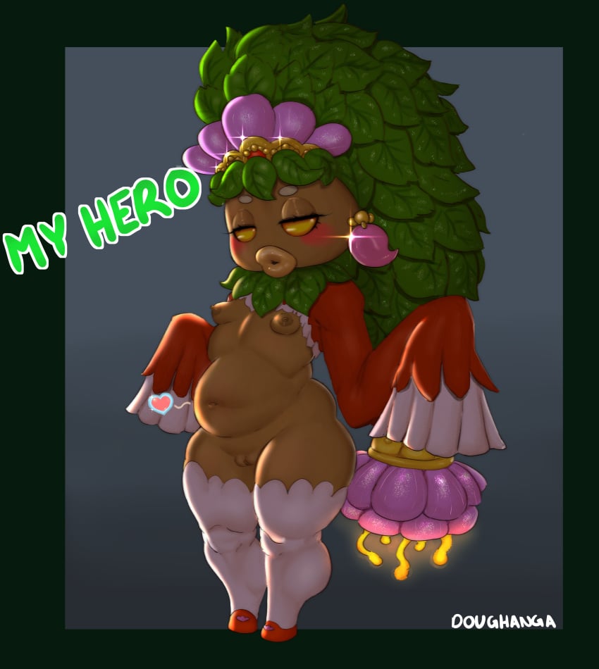 1girls absurd_res areolae bedroom_eyes belly blush breasts brown_body brown_skin chubby chubby_female deku_(tloz) deku_princess deku_scrub doughchanga earrings english_text eyelashes female female_only flora_fauna full_body green_hair half-closed_eyes heart hi_res hips humanoid leaf_hair lips long_hair looking_at_viewer majora's_mask navel nintendo nipples nude nude_female plant_girl plant_humanoid plump_lips pseudo_hair pussy shortstack signature small_breasts standing stockings stomach text the_legend_of_zelda thick_thighs thighhighs thighs tiara wide_hips yellow_eyes