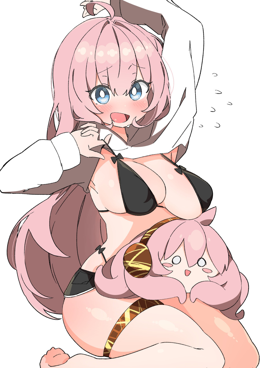 barefoot blush embarrassed full-face_blush large_breasts looking_at_viewer megurine_luka micro_bikini plushie shirt_up smile sweatdrop sweater sweater_lift takoluka thigh_strap vocaloid