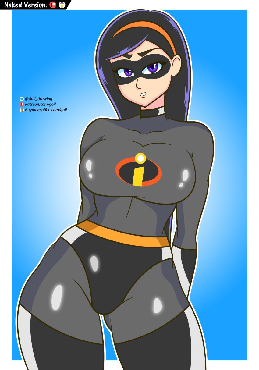 big_breasts black_hair blue_background breasts female female_only goil_drawing purple_eyes superheroine the_incredibles the_incredibles_2 violet_parr white_background