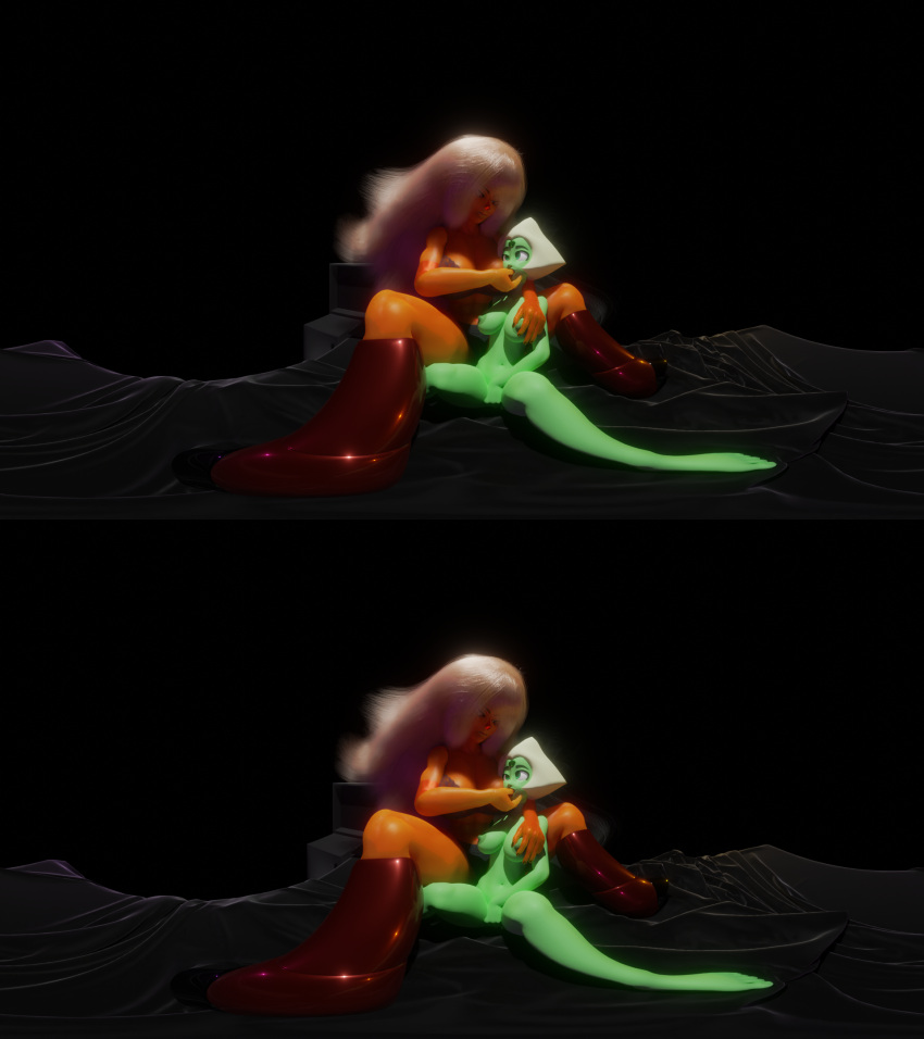 3d bed big_hair boots crosseyed feet fingering gem_(species) green_skin jasper_(steven_universe) muscular_female orange_skin peridot_(steven_universe) steven_universe thumb_in_mouth underwear vr vr_media yuri