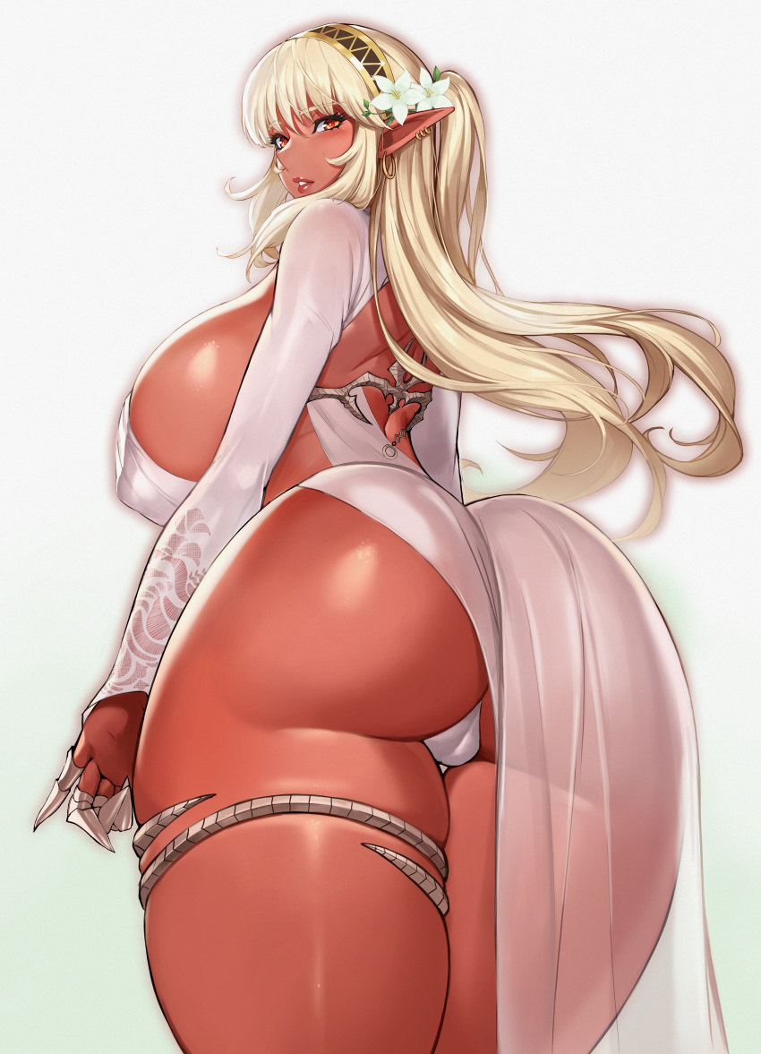 ass blonde_hair breasts cameltoe dark-skinned_female dark_elf dark_skin dress earrings gurimjang hi_res huge_ass huge_breasts long_hair looking_back original pointy_ears red_eyes thick_thighs white_background wide_hips