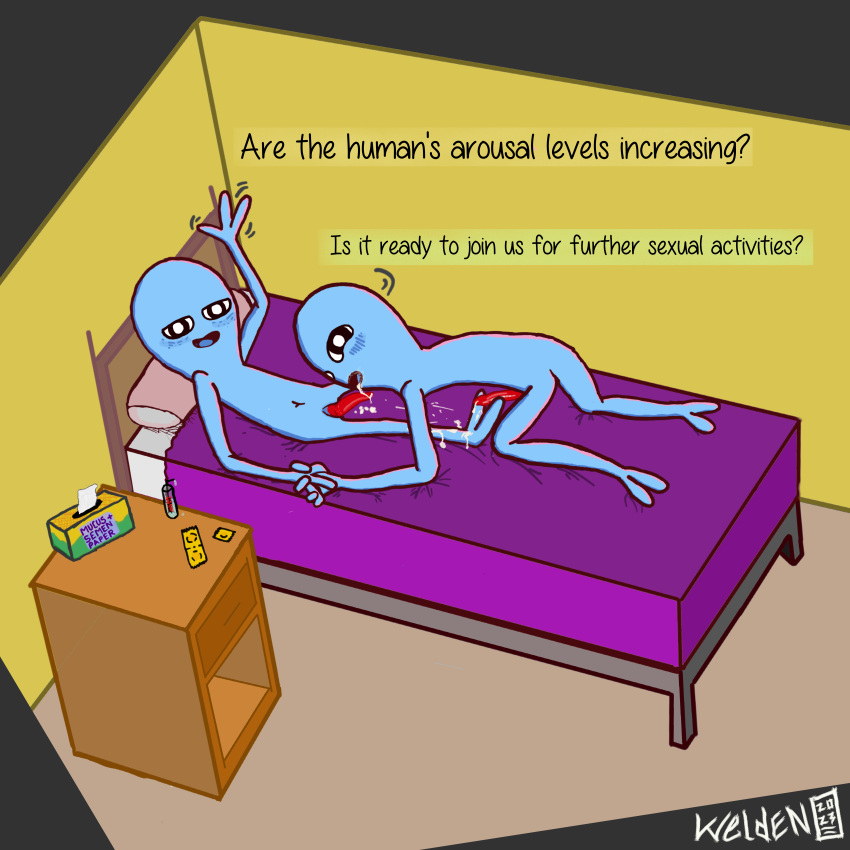 2_toes 3_fingers absurd_res after_orgasm after_sex alien alien_genitalia alien_humanoid all_fours bed bedroom bedroom_eyes bedroom_sex being_(strange_planet) black_eyes blue_blush blue_body blue_skin blush bodily_fluids cartoon_eyes condom condom_wrapper cum cum_drip cum_in_mouth cum_inside cum_on_bed cum_on_body cum_on_face cum_on_leg cum_on_penis cum_string dialogue dripping duo feet fellatio fingers flat_chested foot_fetish foot_play footjob furniture genital_fluids genitals gesture gesturing_at_viewer greeting hand_holding hi_res humanoid inviting inviting_to_sex looking_at_viewer lube_bottle lying male male/male narrowed_eyes navel on_back on_bed oral pecker_tracks penile penis pillow plantigrade saliva saliva_string seductive sex sexual_barrier_device simple_face skinny skinny_male slim slim_male smile smiling_at_viewer speech_bubble strange_planet talking_to_another talking_to_partner talking_to_viewer text text_box toes toony wave waving waving_at_viewer welden_(artist)