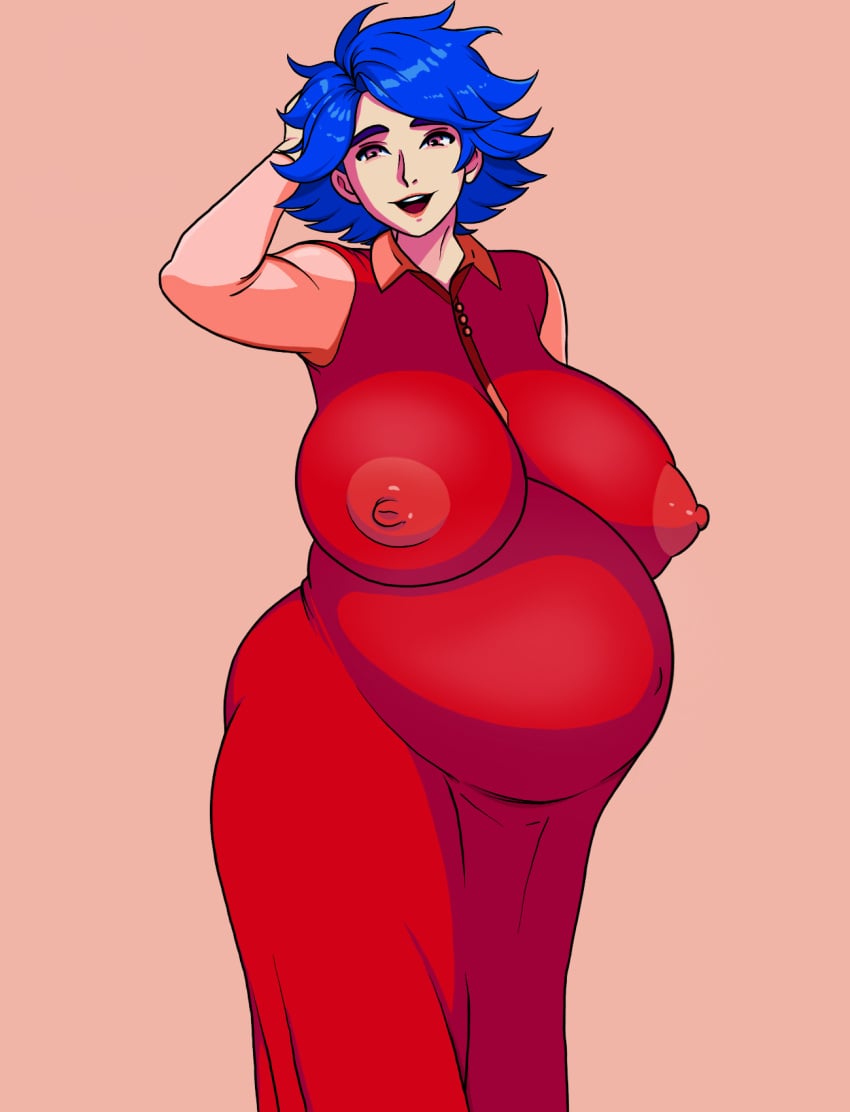 1girls belly belly_button big_belly big_breasts blue_hair breasts clothed clothing emily_(stardew_valley) female female_only fungus-man hands_behind_head large_breasts light-skinned_female light_skin navel nipple_bulge nipples nipples_visible_through_clothing open_mouth open_smile pregnant purple_eyes self_upload short_hair solo solo_female stardew_valley tagme thick_thighs