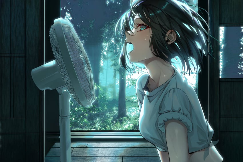 1girls blue_background cool_colors crop_top dark_background dark_hair electric_fan fan flying_sweatdrops medium_hair noubinn open_mouth original original_character pale-skinned_female pale_skin rolled_sleeves short_hair summer sweat sweatdrop sweating sweaty_body sweaty_face talking_into_fan turquoise_eyes