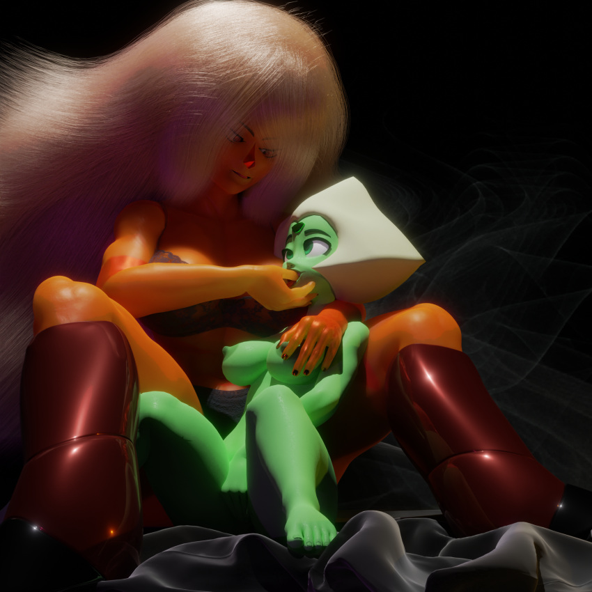 3d bed big_hair boots crosseyed feet fingering gem_(species) green_skin jasper_(steven_universe) muscular_female orange_skin peridot_(steven_universe) steven_universe thumb_in_mouth underwear yuri