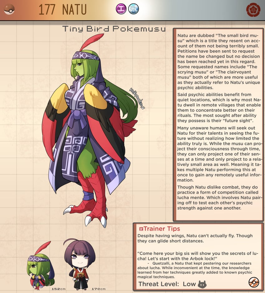 creature_index english_text female_focus generation_2_pokemon green_body green_hair hi_res kinkymation monster_girl natu nintendo page_177 page_number pokémon_(species) pokemon pokemorph pokemusu profile tagme text text_box