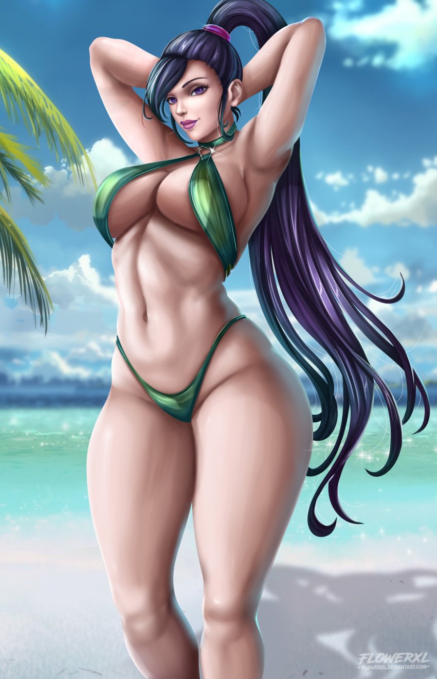 1female 1girls 2d armpits artist_logo beach bikini_top_only breasts daytime detailed dragon_quest dragon_quest_xi female female_only flowerxl front_view green_sling_bikini green_swimsuit hair_ornament jade_(dq11) large_breasts long_hair looking_at_viewer ocean pale-skinned_female pale_skin partially_clothed pinup purple_eyes purple_hair purple_lipstick sling_bikini slingshot_bikini slingshot_swimsuit smile smiling_at_viewer solo solo_female standing swimsuit tail thick_thighs video_game_character watermark