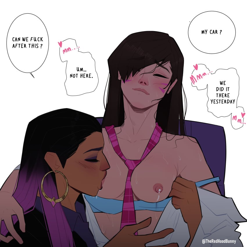 2girls blush bra_down breast_sucking brown_hair chocolate_and_vanilla closed_eyes crossover d.va dark_skin dialogue dripping earrings face_markings lactation light_skin long_hair makeup mature_female medium_breasts messy_hair milk necktie necktie_between_breasts overwatch overwatch_2 partially_clothed pink_nipples pleasure_face purple_hair reyna_(valorant) sweat theredhoodbunny valorant younger_female yuri