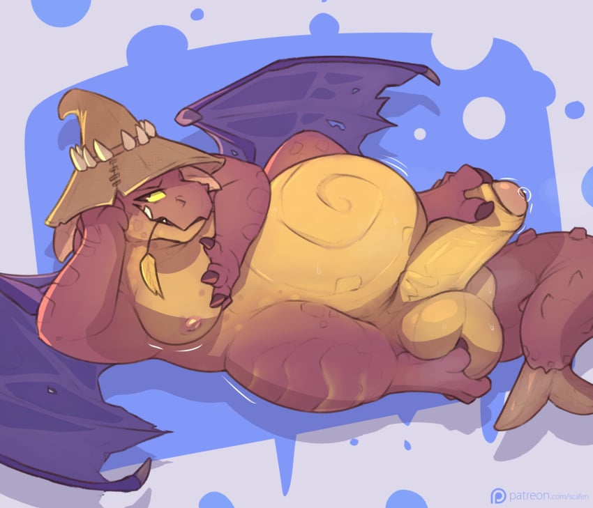 2023 activision anthro balls belly bodily_fluids clothing cyprin_(spyro) digital_drawing_(artwork) digital_media_(artwork) dragon erection foreskin genital_fluids genitals glans hat headgear headwear hi_res looking_at_viewer lying male membrane_(anatomy) membranous_wings on_side overweight overweight_anthro overweight_male penis precum rescued_dragons_(spyro) scafen_(artist) scalie solo spyro_reignited_trilogy spyro_the_dragon tail wheat_in_mouth wings witch_hat