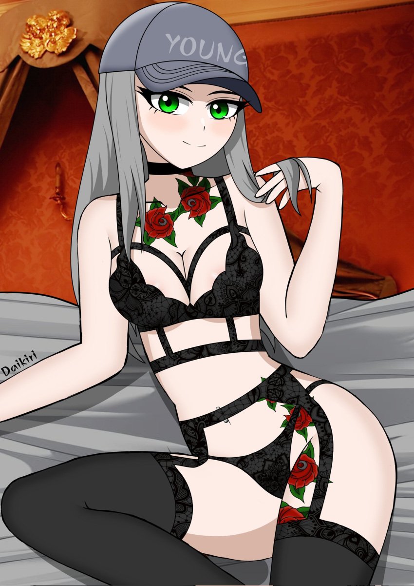 black_lingerie cap chigusa_(fortnite) choker daikiri_di_mon fortnite fortnite:_battle_royale green_eyes grey_hair lingerie looking_at_viewer on_bed rose_tattoo stockings tattoo tattoos