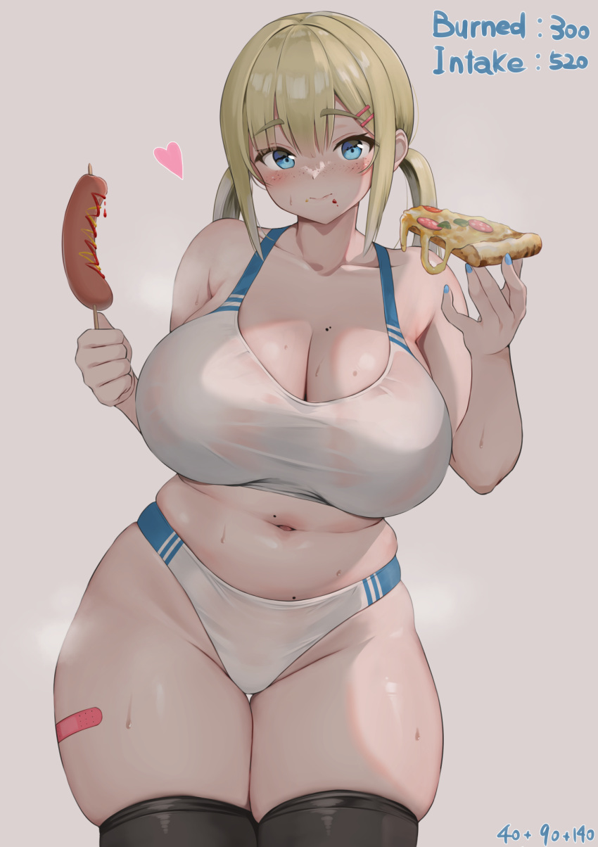 1girls 2023 absurd_res aymusk bandaid bandaid_on_thigh blonde_hair blue_eyes blue_nails breasts buruma chubby cleavage clothing corn_dog crumbs english_text eyebrows_visible_through_hair female female_only food freckles freckles-chan_(aymusk) grey_background hair_between_eyes heart highres holding_food holding_pizza huge_breasts huge_thighs long_hair looking_at_viewer low_twintails midriff mole mole_on_breast mole_on_crotch mole_on_stomach nail_polish navel original pizza pizza_slice sausage simple_background skindentation smile solo sports_bra sportswear standing steam steaming_body sweat text thick_thighs thigh_gap thighhighs thighs tied_hair twintails weight_gain wet wet_clothes white_sports_bra wide_hips