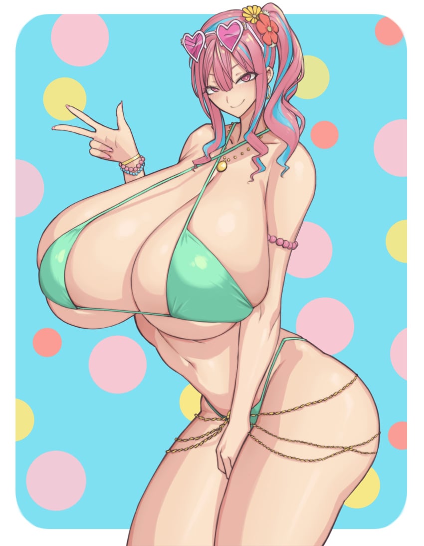 1girls arms_up bikini blue_hair blush border breasts bursting_breasts collarbone cowboy_shot green_bikini heart heart-shaped_eyewear hozuki_kaede huge_breasts long_hair looking_at_viewer micro_bikini multicolored_hair navel onii-chan_wa_oshimai! pink_eyes pink_hair ponytail shiny_skin skindentation smile solo standing sunglasses_on_head swimsuit two-tone_hair underboob wolffeld_price